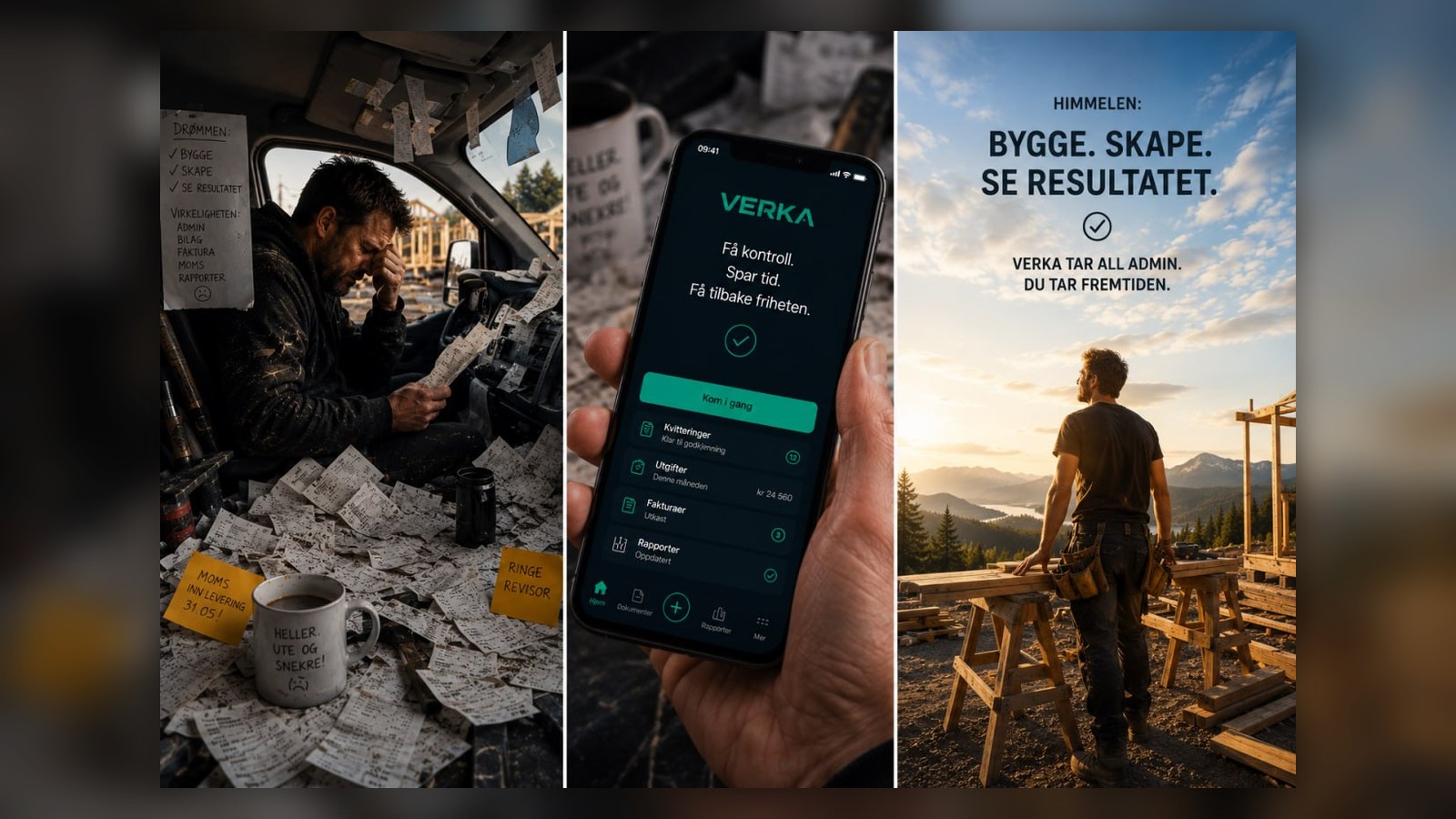 Tre bilder som viser administrasjonskaos, Verka på mobilen og friheten til å bygge og skape.