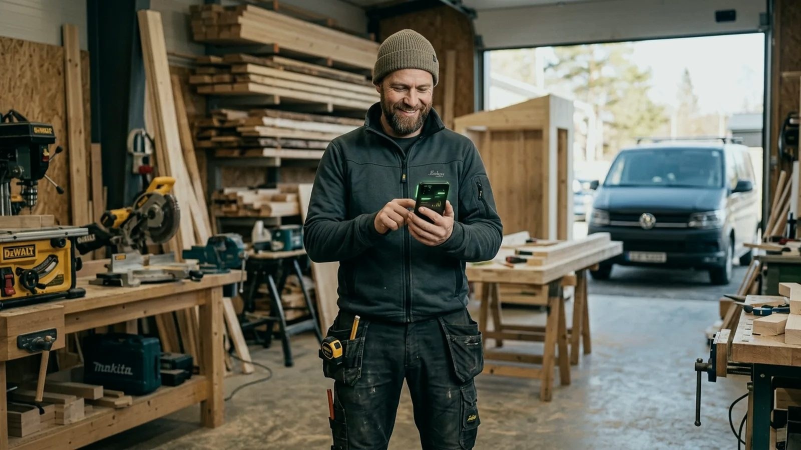 Håndverker som bruker mobilen for å få oversikt i arbeidsdagen.